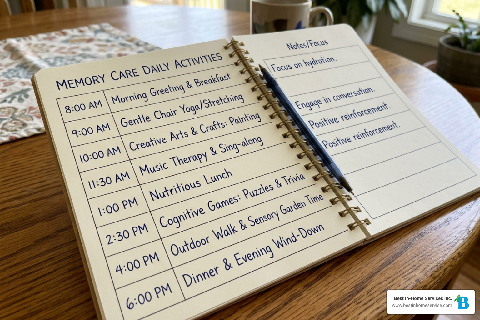A structured daily schedule planner on a wooden table outlining memory care activities