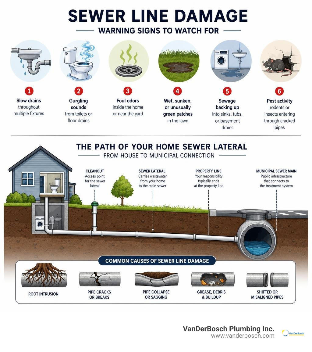 Infographic showing warning signs and path of a home sewer lateral from house to municipal connection infographic Infographic showing warning signs and path of a home sewer lateral from house to municipal connection infographic