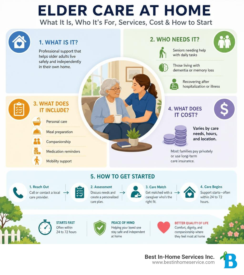 Infographic summarizing elder care at home: what it is, who needs it, services, cost, and how to start infographic