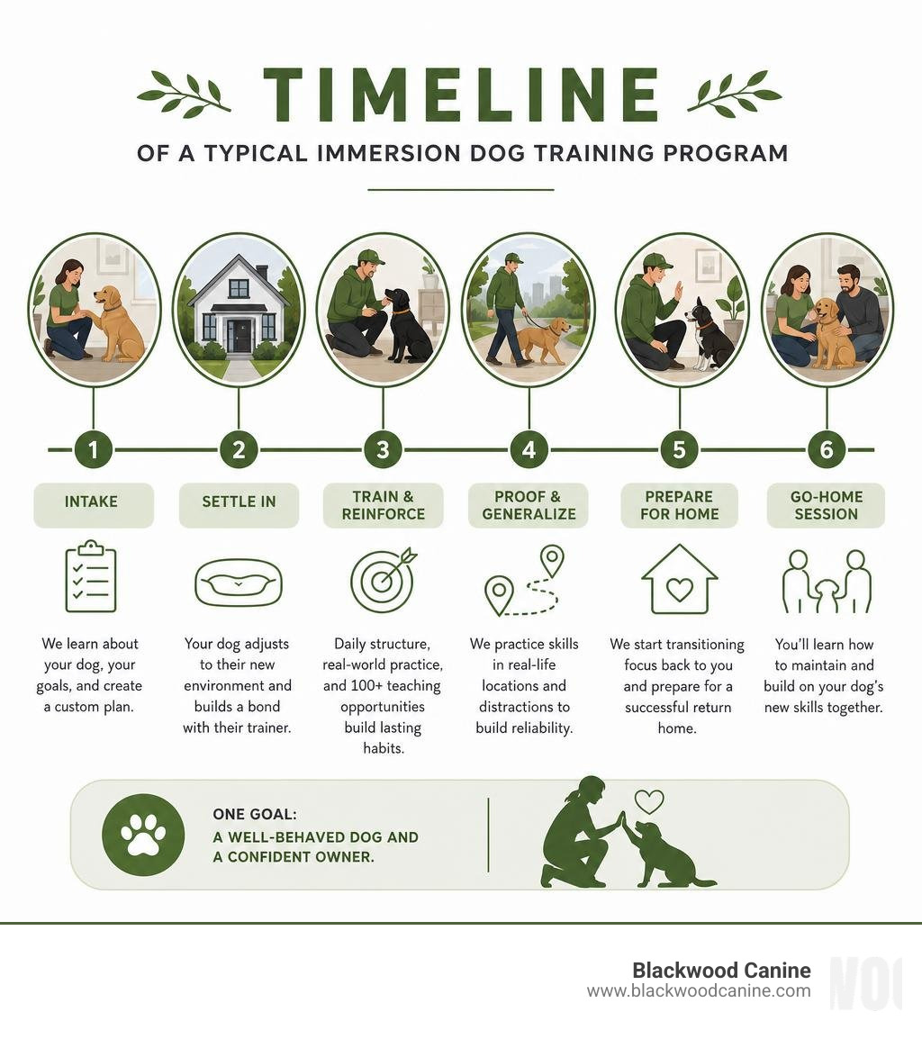 Timeline of a typical immersion dog training program from intake to go-home session infographic