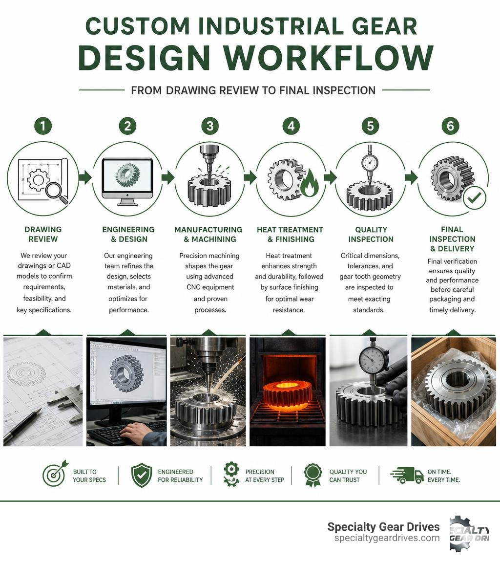 Custom industrial gear design workflow from drawing review to final inspection infographic infographic Custom industrial gear design workflow from drawing review to final inspection infographic infographic