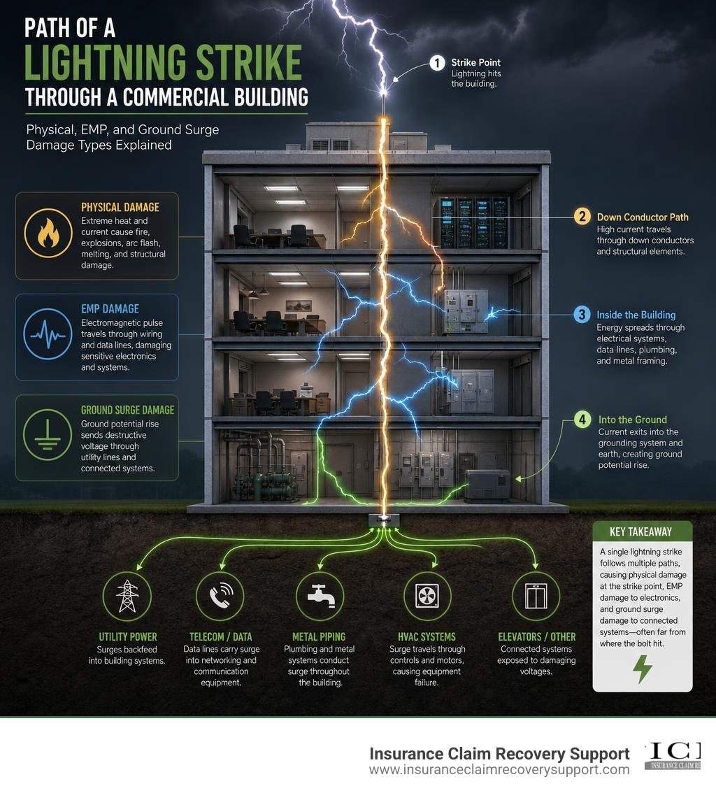 Infographic: Path of a lightning strike through a commercial building — physical, EMP, and ground surge damage types