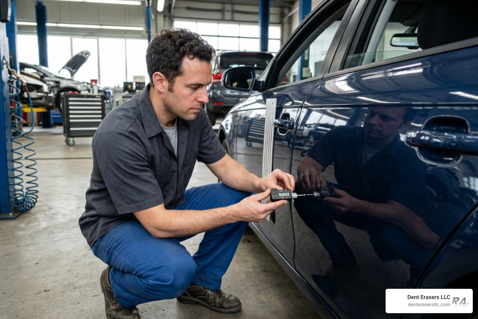 technician measuring a car door dent to determine repair cost Technician Measuring A Car Door Dent To Determine Repair Cost