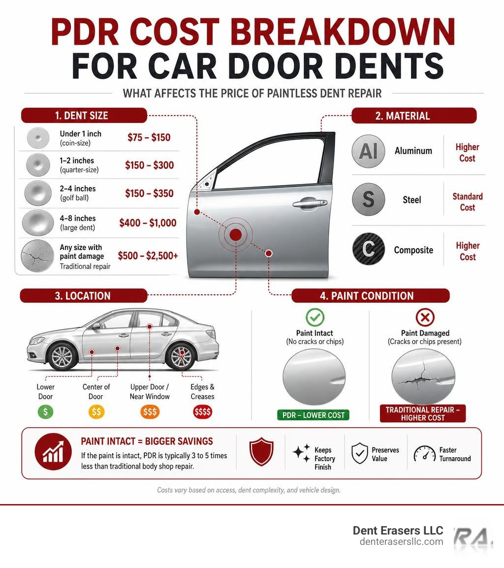 PDR cost breakdown by dent size, material, location, and paint condition for car door dents infographic Pdr Cost Breakdown By Dent Size, Material, Location, And Paint Condition For Car Door Dents Infographic