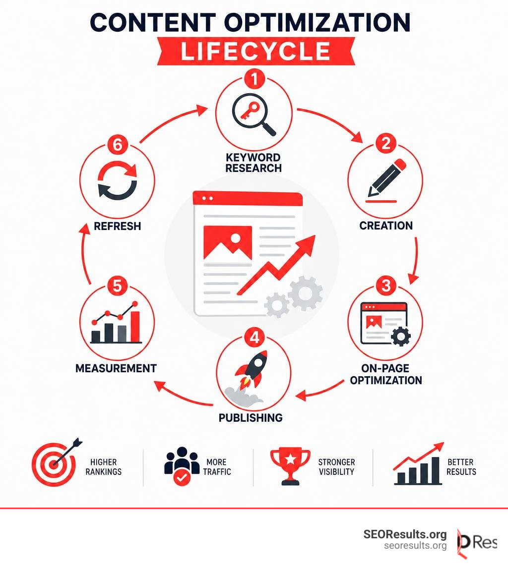 Content optimization lifecycle: keyword research, creation, on-page optimization, publishing, measurement, refresh Content optimization lifecycle: keyword research, creation, on-page optimization, publishing, measurement, refresh