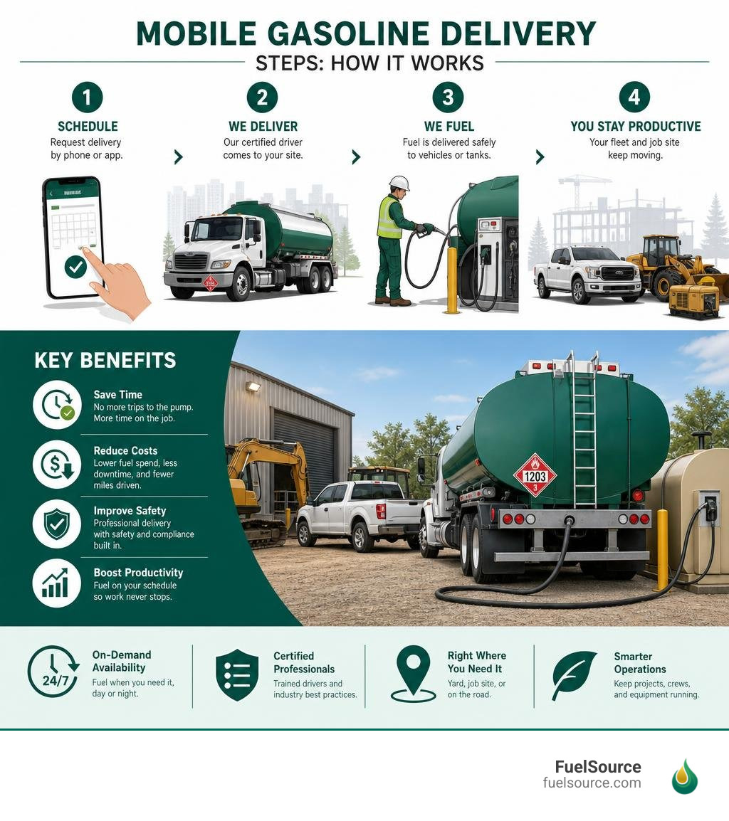 Steps and benefits of mobile gasoline delivery for commercial fleets and job sites infographic Steps and benefits of mobile gasoline delivery for commercial fleets and job sites infographic