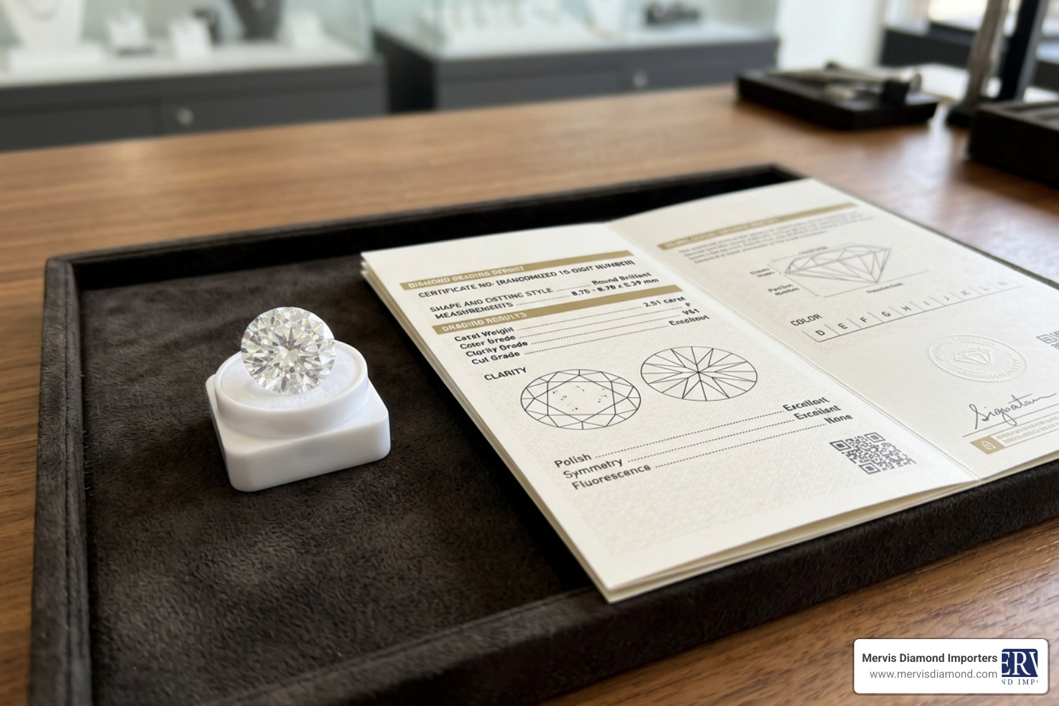 A high-quality certified diamond sitting next to its official grading report A high-quality certified diamond sitting next to its official grading report