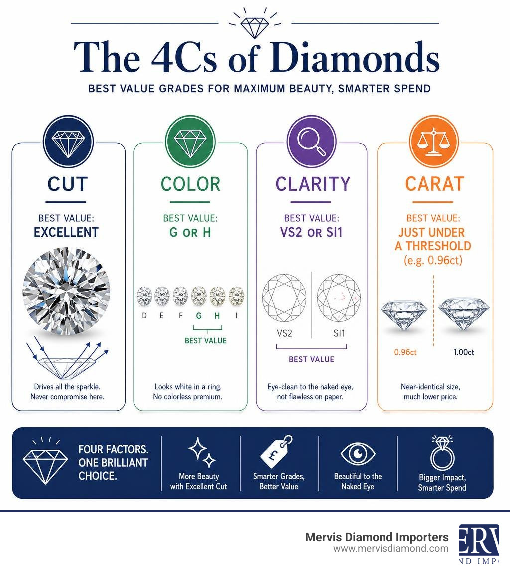 Infographic showing the 4Cs of diamonds and best value grades for each infographic Infographic showing the 4Cs of diamonds and best value grades for each infographic