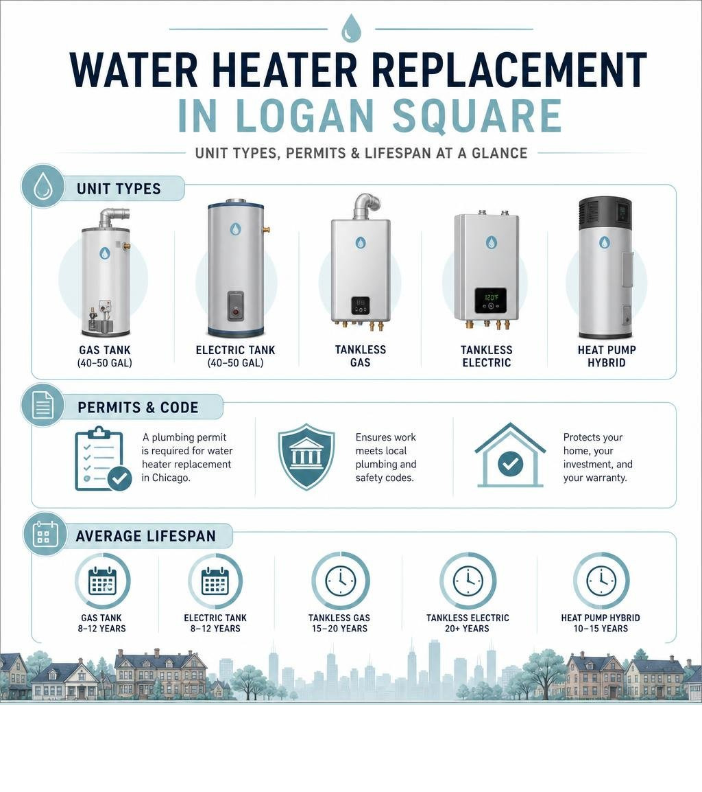 Water heater replacement Logan Square infographic showing unit types permits and lifespan without pricing infographic