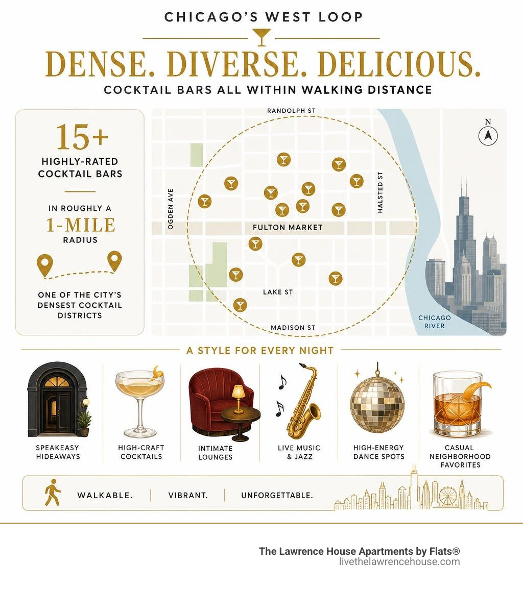 Density and variety of cocktail bars in Chicago's West Loop neighborhood infographic