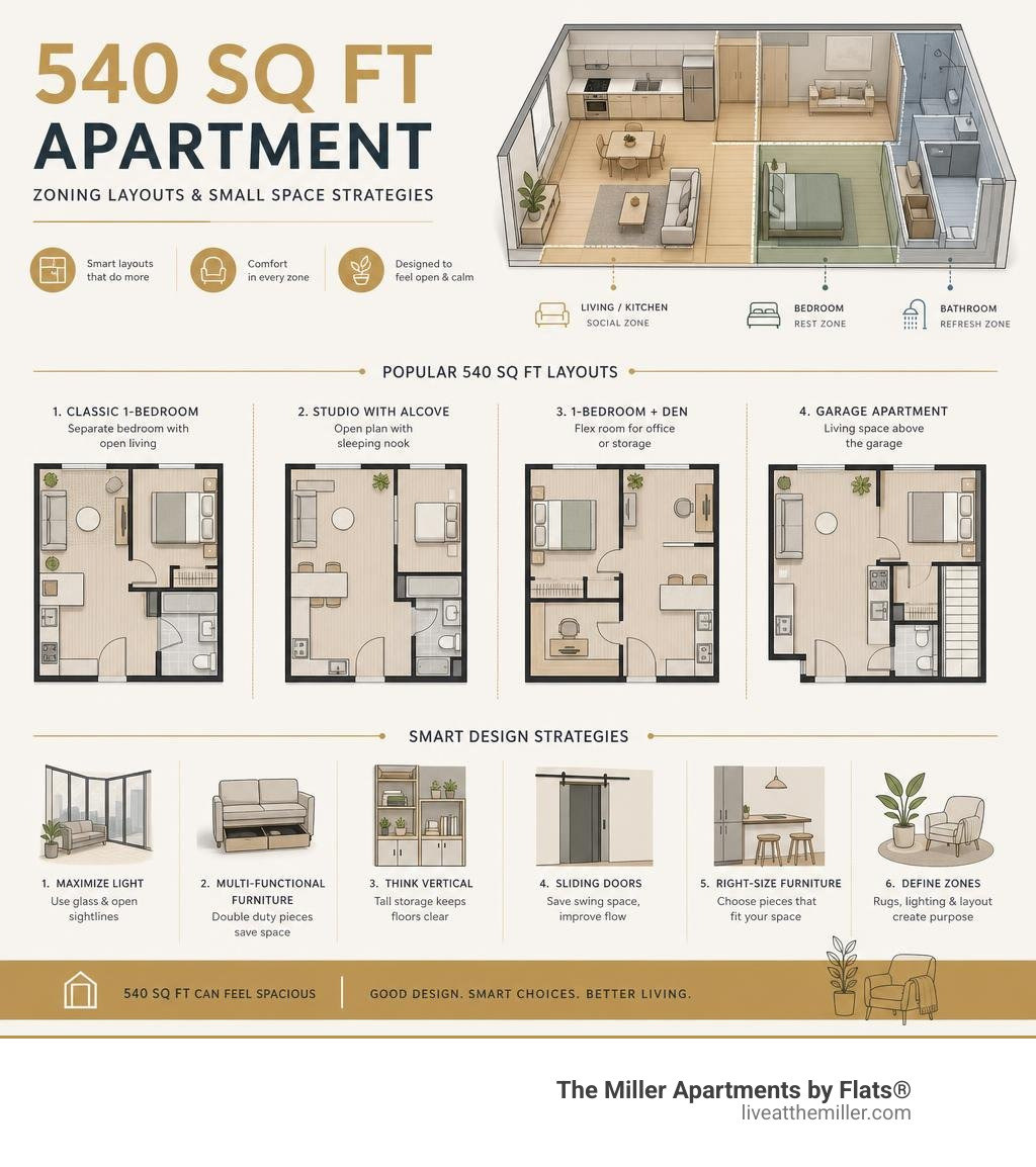 Infographic showing 540 sq ft apartment zoning layouts and small space design strategies infographic