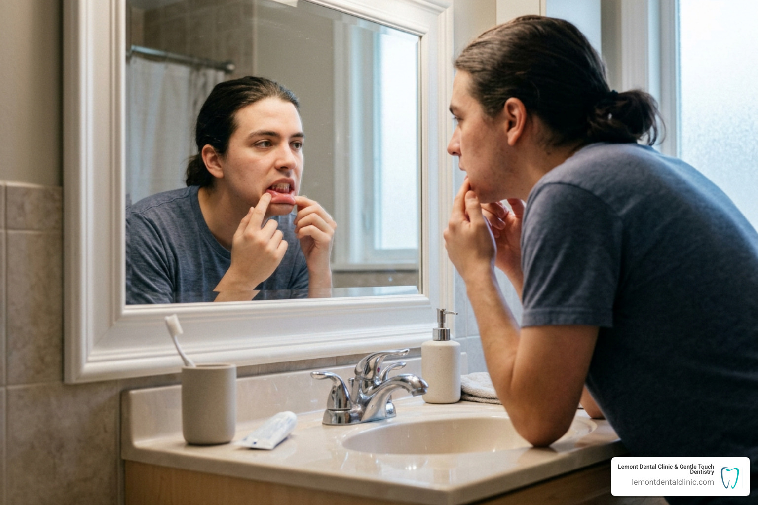 A person examining their gums in a mirror for signs of inflammation A person examining their gums in a mirror for signs of inflammation