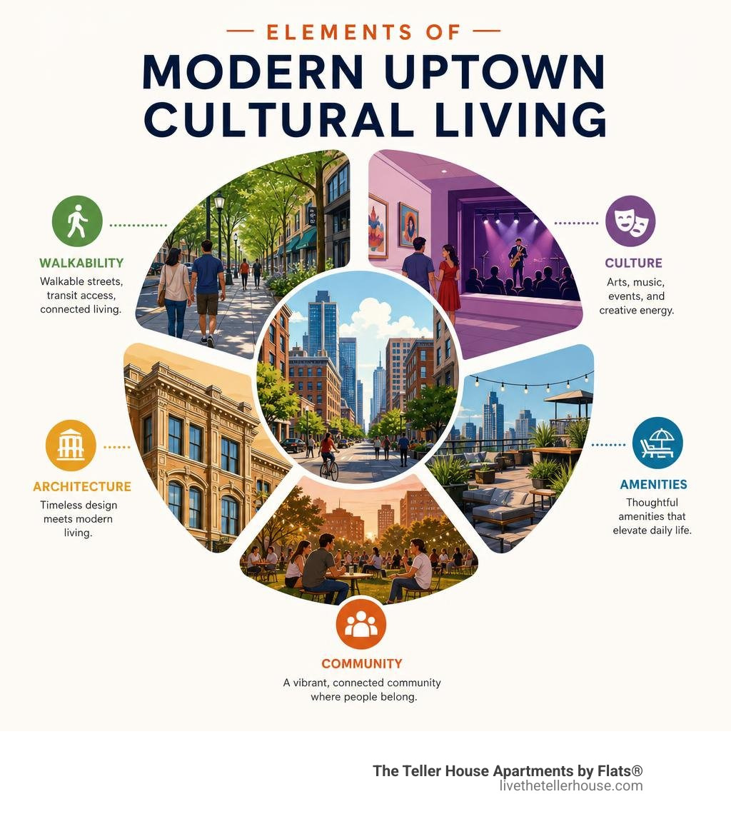 Elements of modern uptown cultural living: walkability, architecture, culture, amenities, community infographic