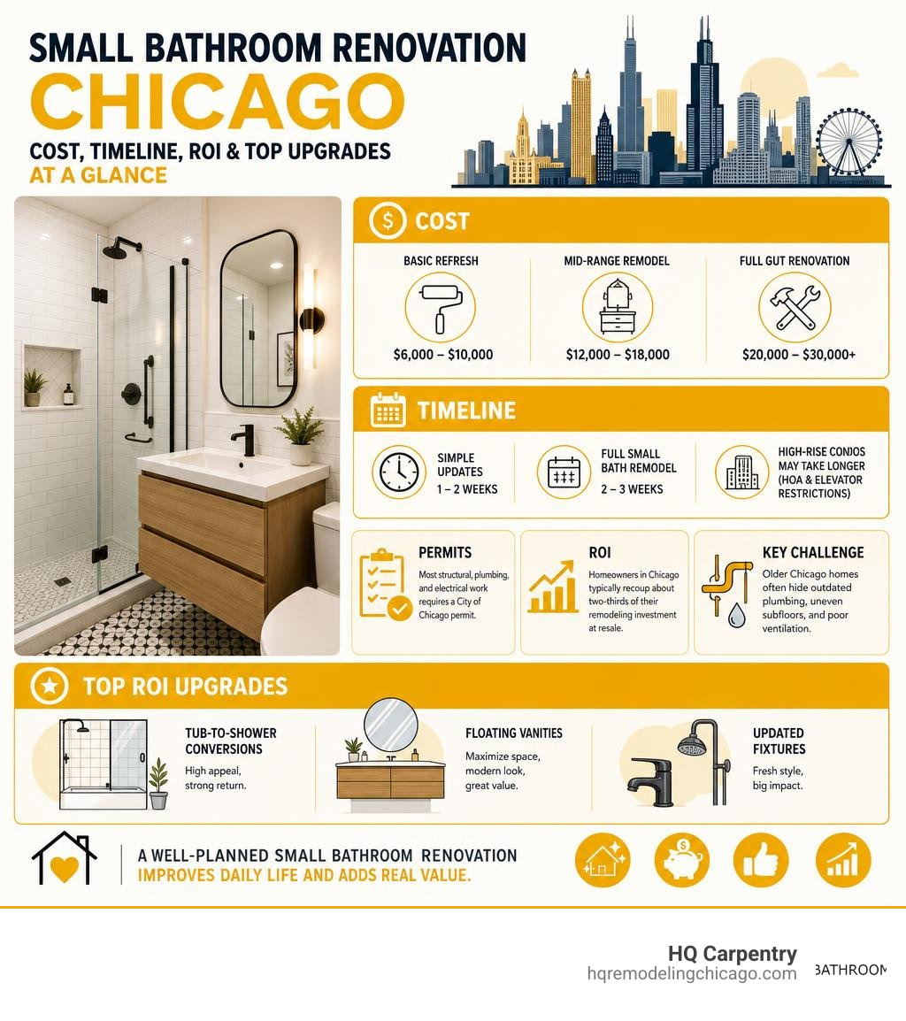 Small bathroom renovation Chicago — cost, timeline, ROI, and top upgrades at a glance infographic Small bathroom renovation Chicago — cost, timeline, ROI, and top upgrades at a glance infographic