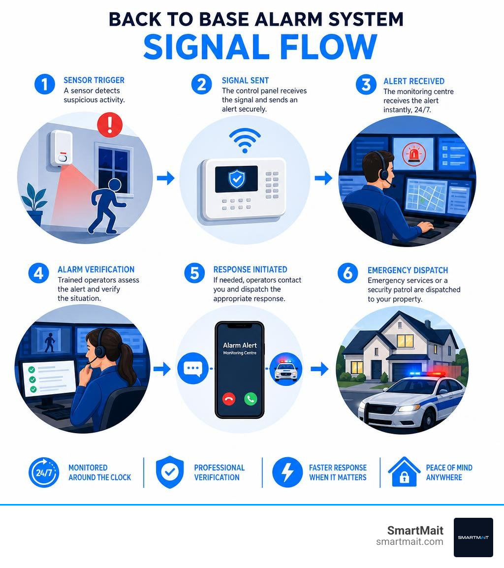 Signal flow of a back to base alarm system from sensor trigger to emergency dispatch infographic