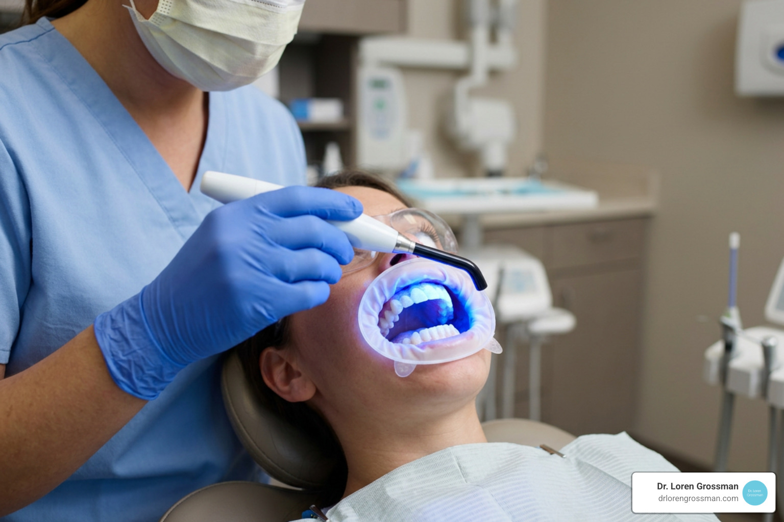 Zoom LED light technology activating the whitening gel on teeth Zoom LED light technology activating the whitening gel on teeth