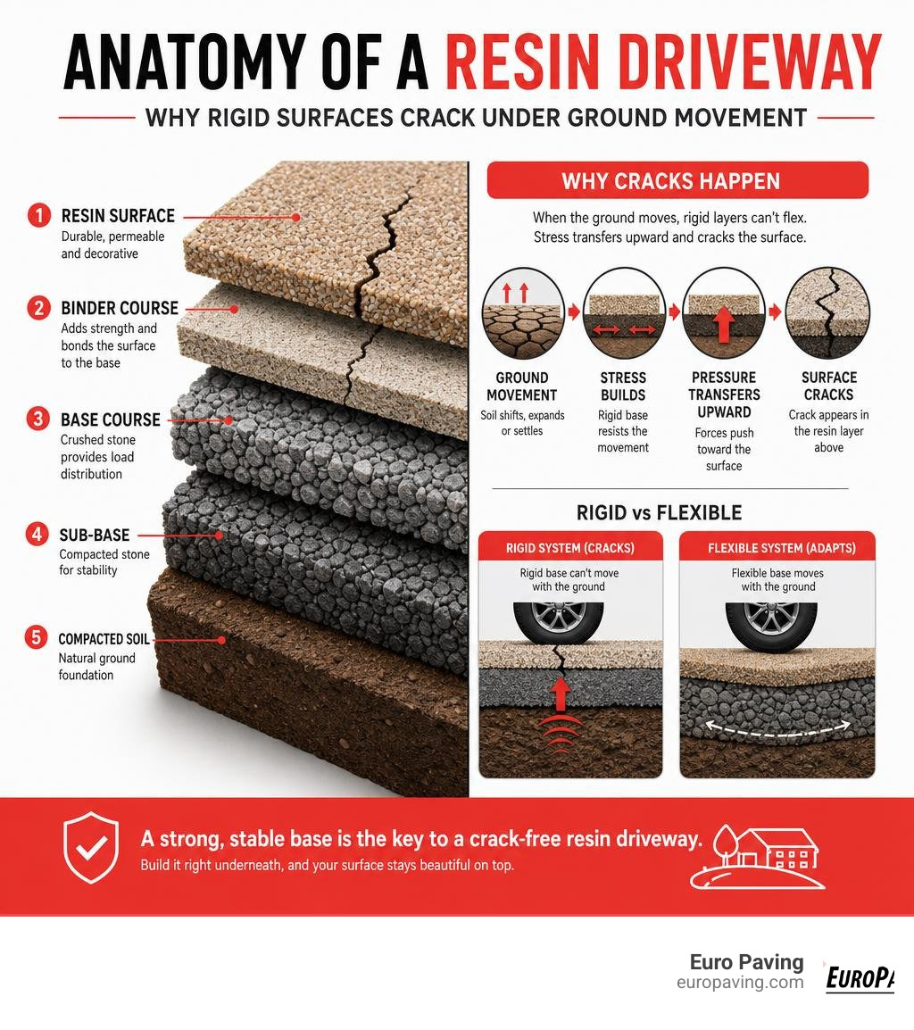 Anatomy of a resin driveway showing layers and why rigid surface cracks under ground movement infographic