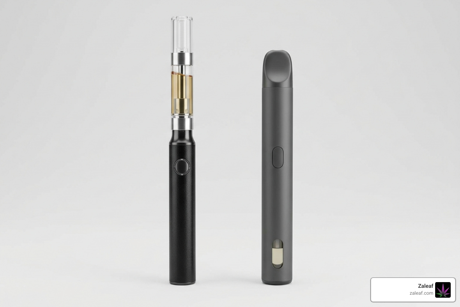 A comparison of a sleek 510-thread battery and an all-in-one disposable vape pen
