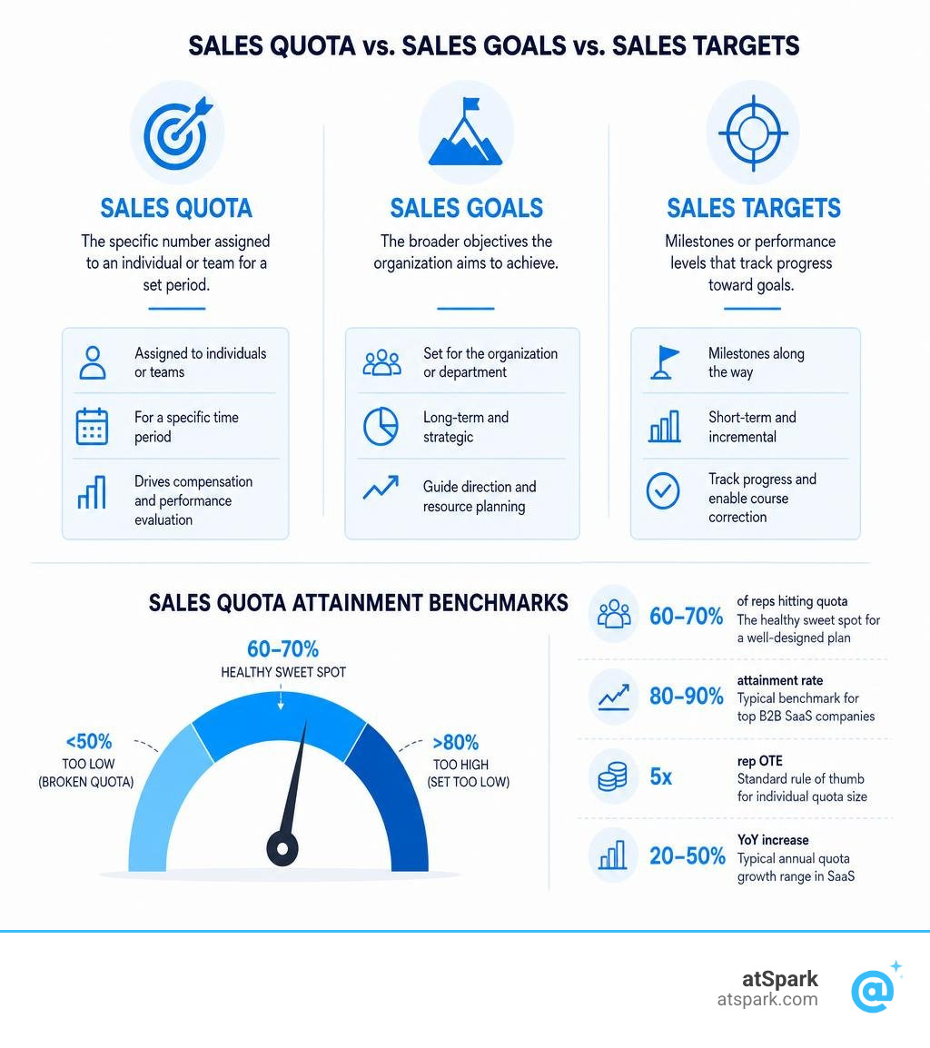 Infographic comparing sales quotas, sales goals, and sales targets with attainment benchmarks infographic