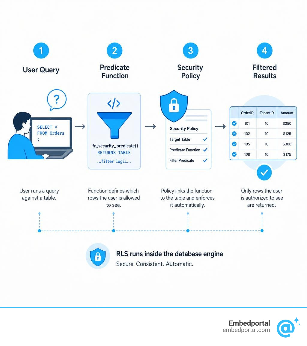 Row-level security workflow: user query, predicate function, security policy, filtered results infographic Row-level security workflow: user query, predicate function, security policy, filtered results infographic
