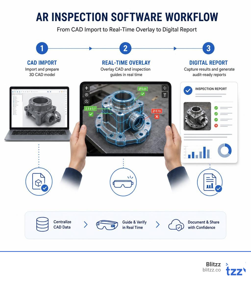 AR inspection software workflow from CAD import to real-time overlay to digital report infographic AR inspection software workflow from CAD import to real-time overlay to digital report infographic