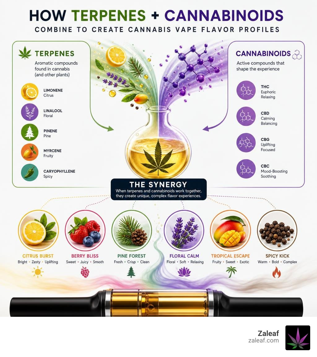 Infographic showing how terpenes and cannabinoids combine to create cannabis vape flavor profiles infographic