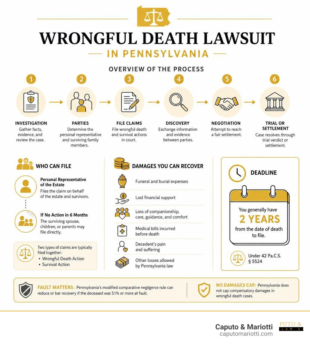 Overview of the wrongful death lawsuit process in Pennsylvania including deadlines, parties, and damages infographic Overview of the wrongful death lawsuit process in Pennsylvania including deadlines, parties, and damages infographic
