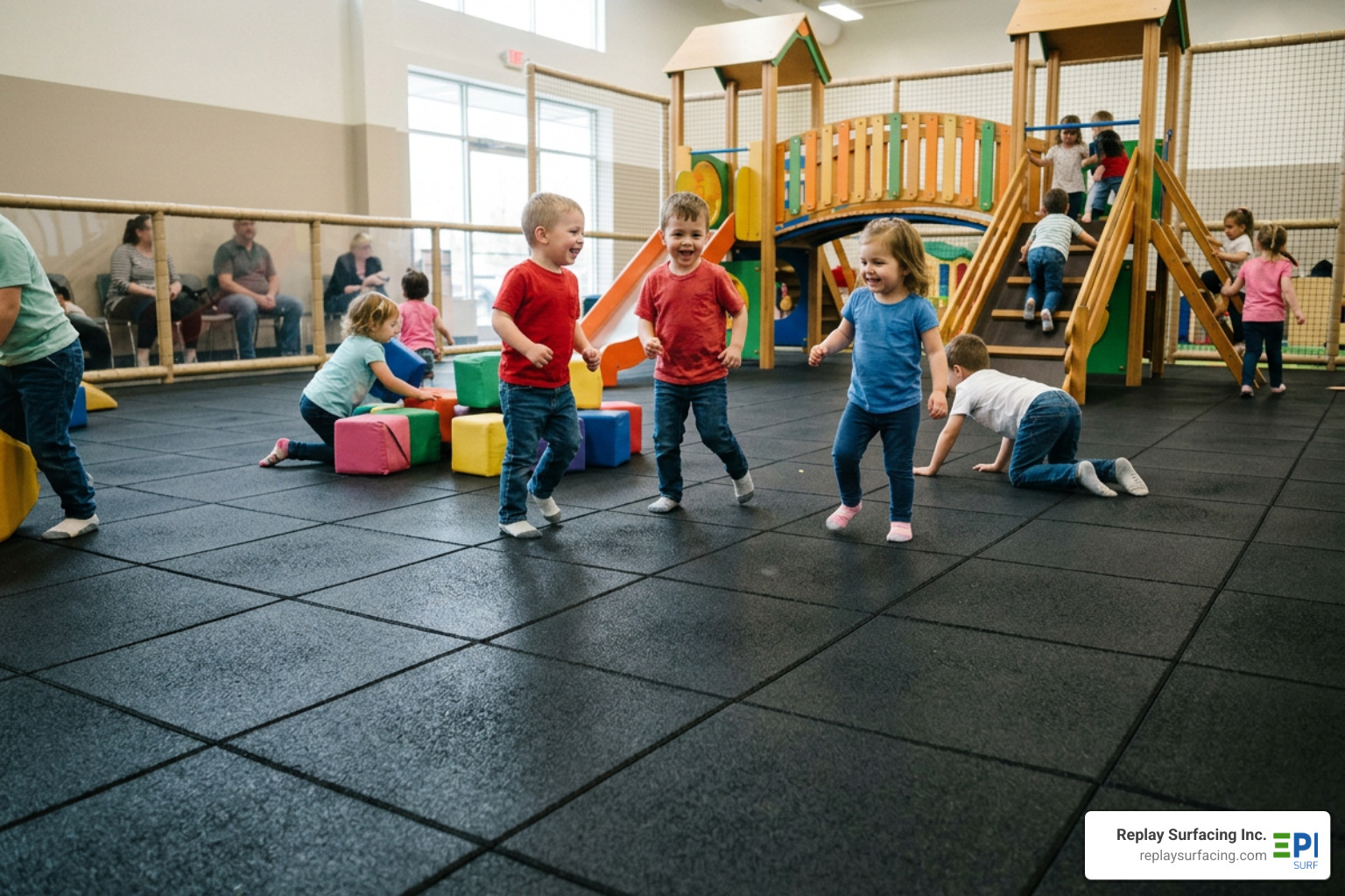 heavy duty rubber playground tiles installed in a high traffic commercial zone