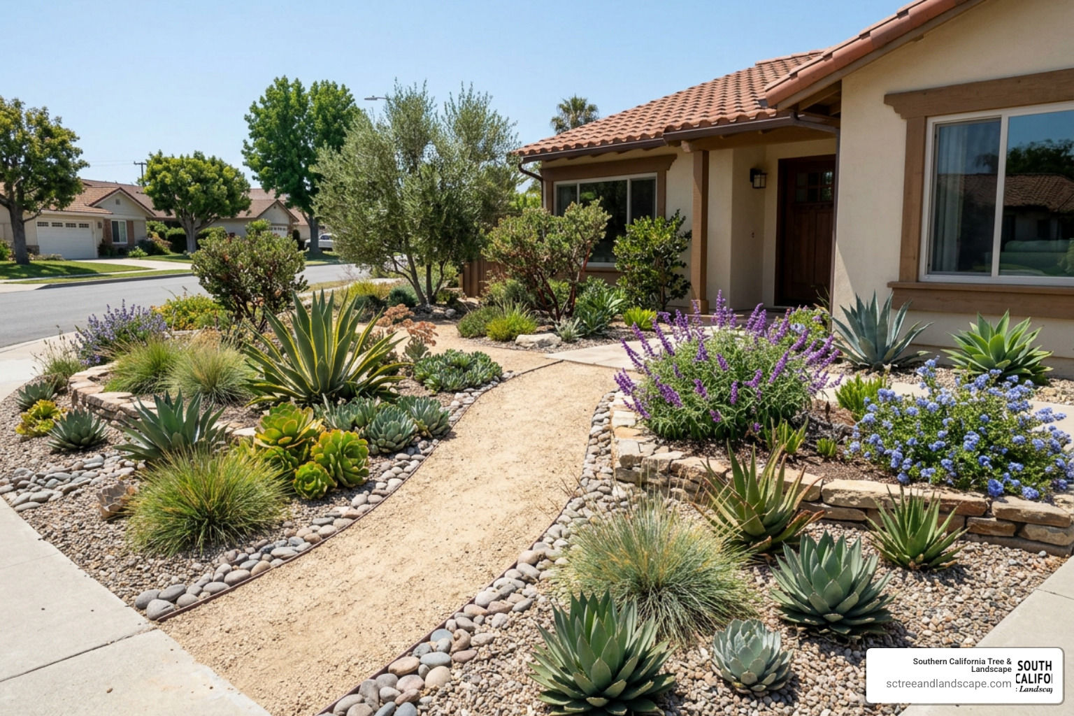 Drought-tolerant landscape design in Torrance CA featuring gravel walkways and native succulents Drought-tolerant landscape design in Torrance CA featuring gravel walkways and native succulents