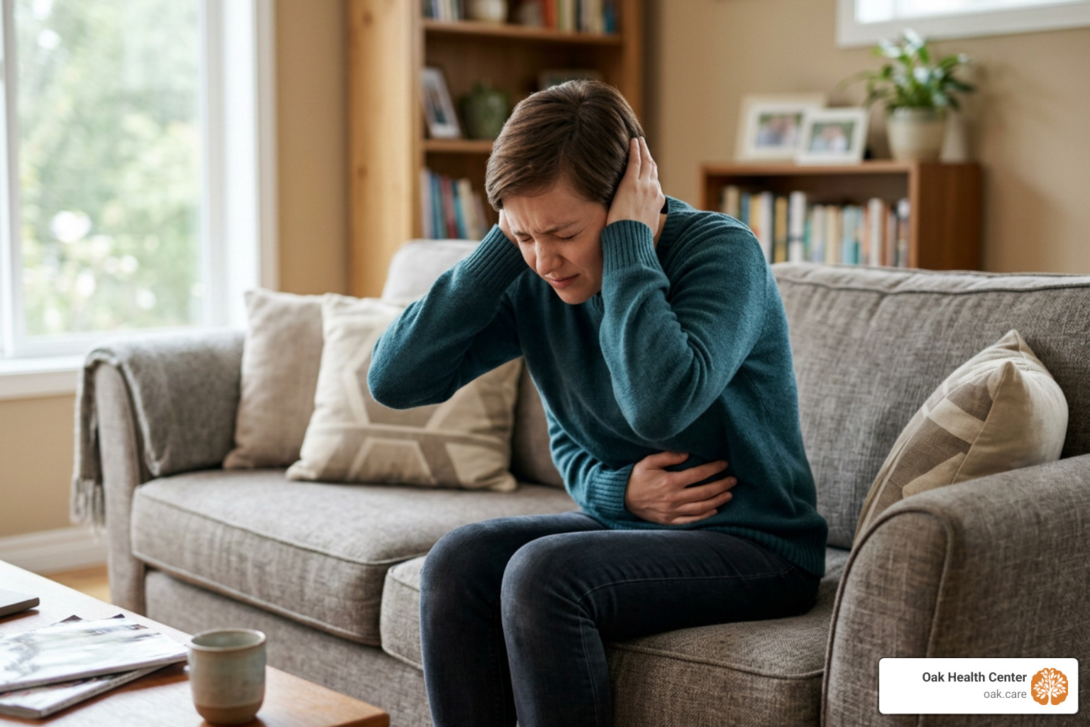 Physical symptoms of severe anxiety including muscle tension, digestive issues, and sensory overload