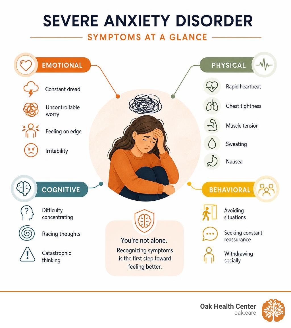 Infographic showing severe anxiety disorder symptoms across emotional, physical, cognitive, and behavioral categories