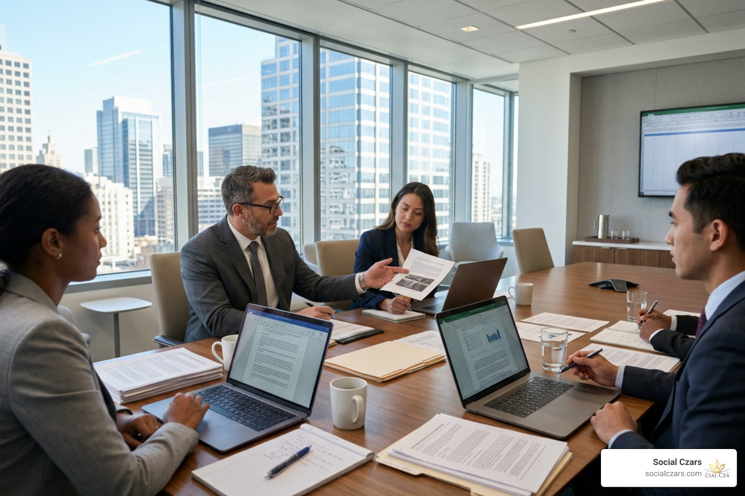 Legal SEO experts collaborating with corporate defense teams during a high-stakes lawsuit