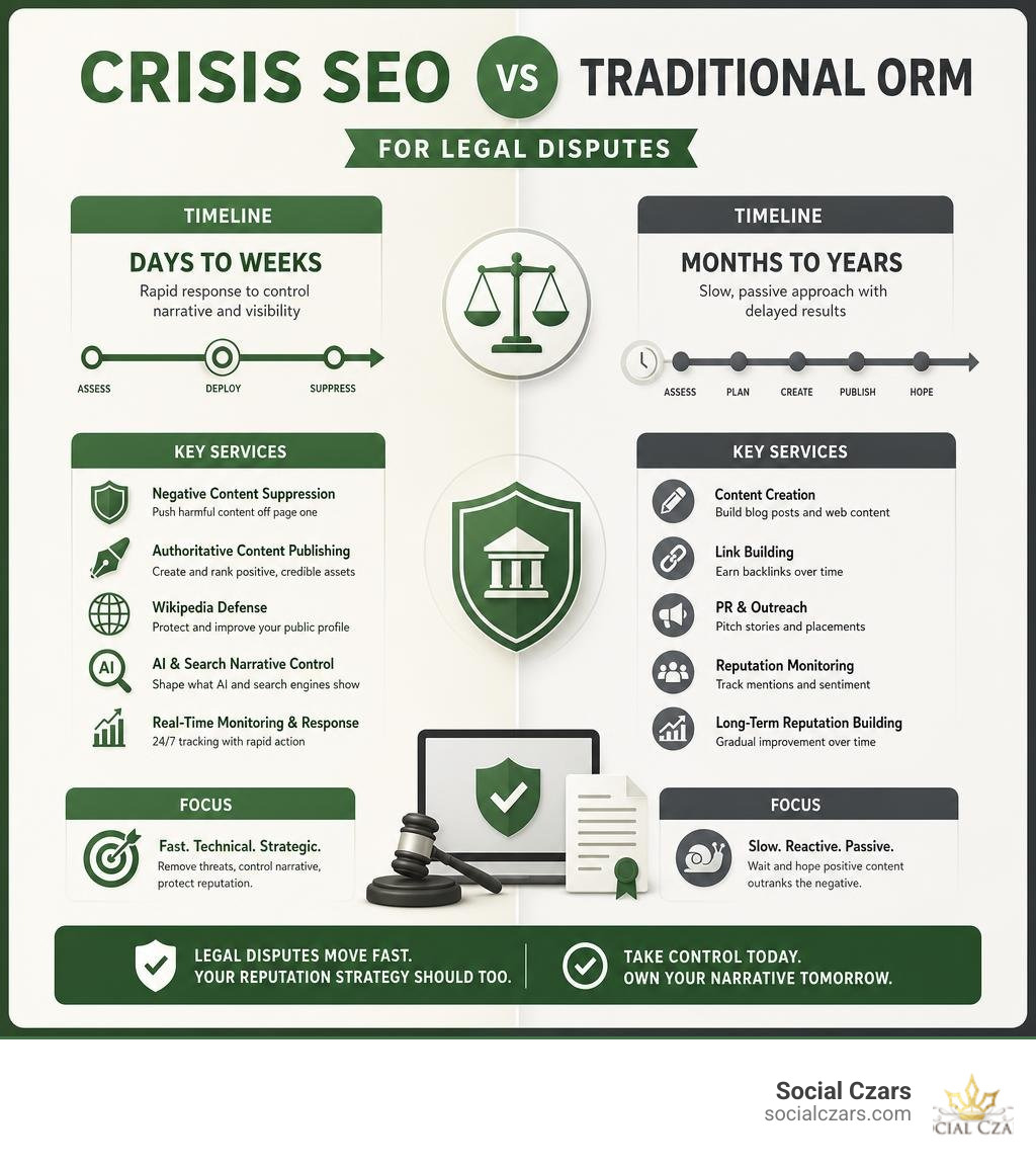 Infographic comparing Crisis SEO vs traditional ORM for legal disputes with timelines and key services infographic