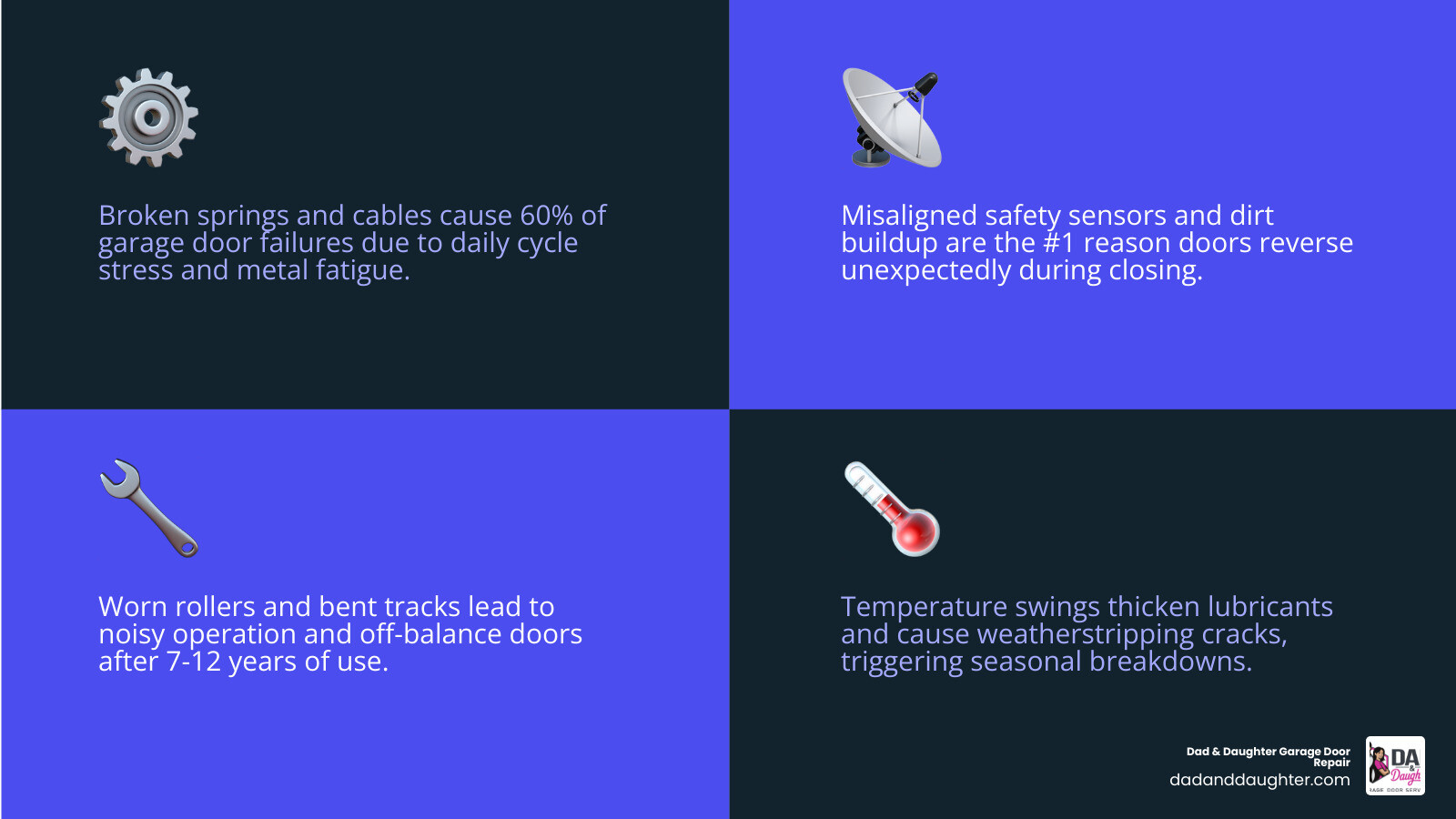 Common garage door problems infographic showing 8 issues with causes and whether DIY or pro is needed infographic