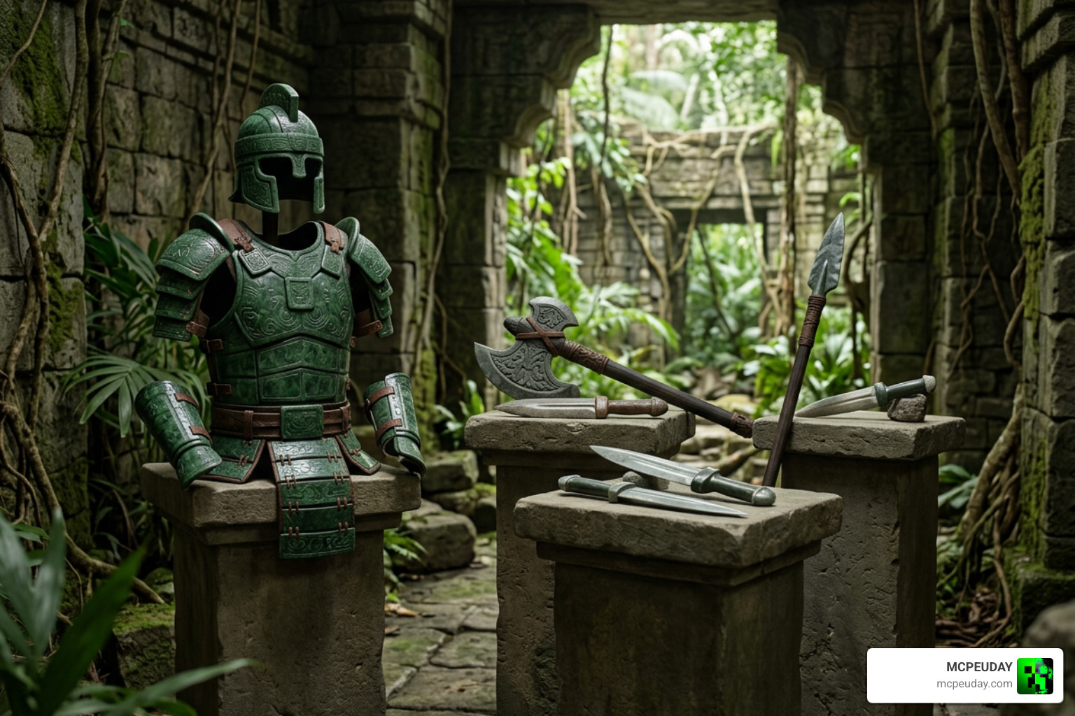 Saponite weapons and Jade armor displayed on pedestals Saponite weapons and Jade armor displayed on pedestals