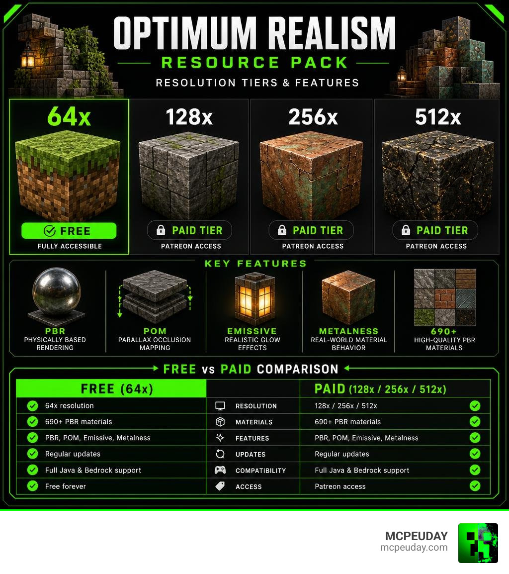 Optimum Realism Resource Pack resolution tiers features PBR POM free vs paid comparison infographic Optimum Realism Resource Pack resolution tiers features PBR POM free vs paid comparison infographic