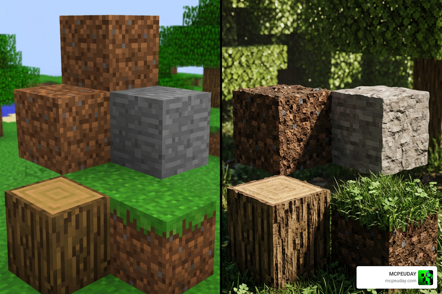 Vanilla Minecraft blocks compared side-by-side with Optimum Realism photorealistic textures Vanilla Minecraft blocks compared side-by-side with Optimum Realism photorealistic textures