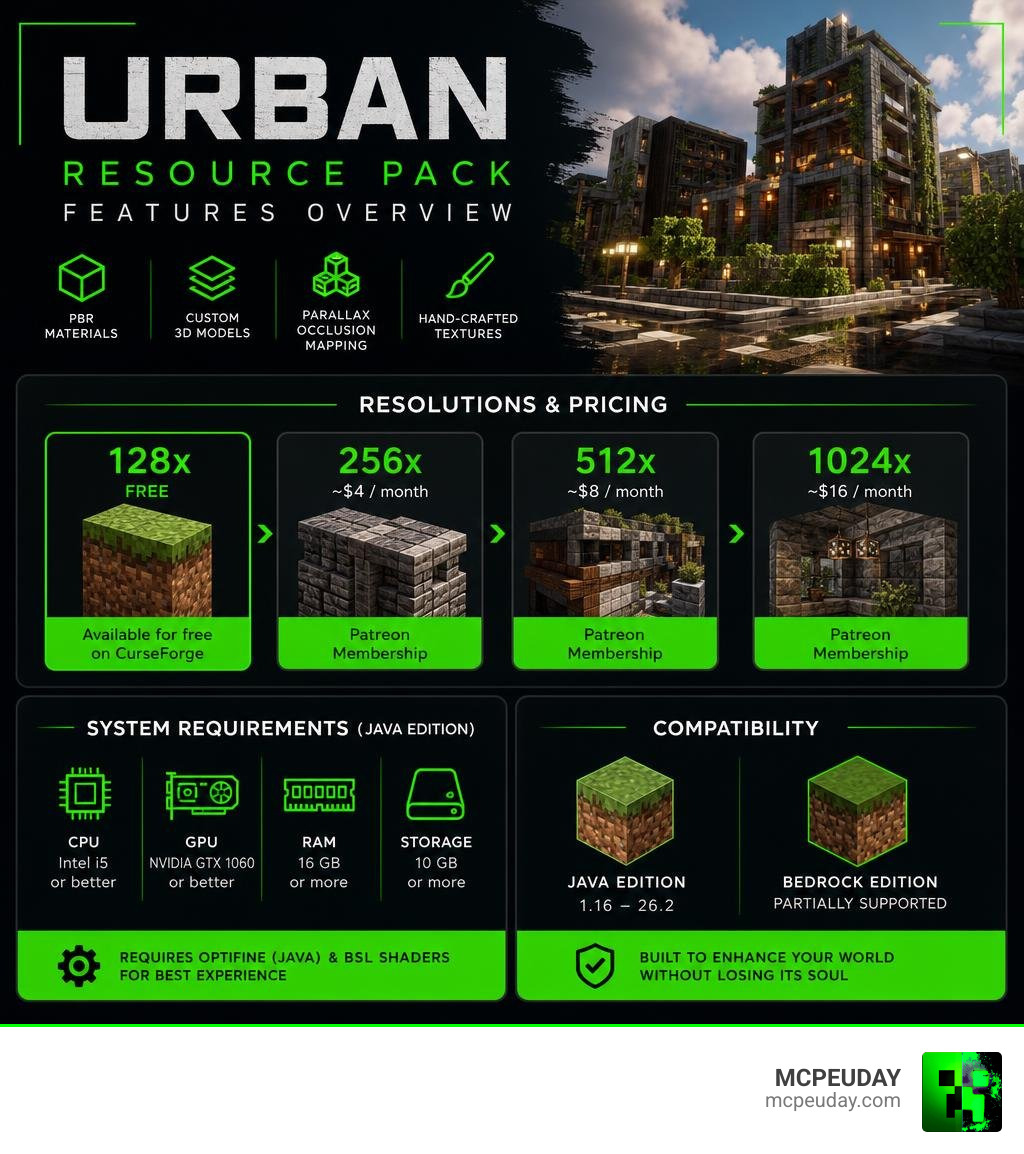 URBAN Resource Pack features overview infographic showing resolutions, pricing tiers, and system requirements infographic URBAN Resource Pack features overview infographic showing resolutions, pricing tiers, and system requirements infographic