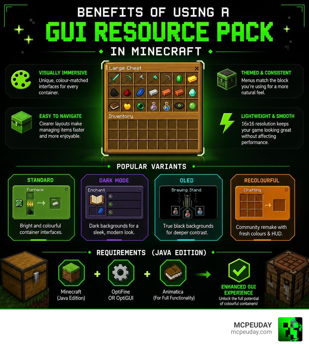 Benefits of using a GUI resource pack in Minecraft, showing containers, variants, and requirements infographic