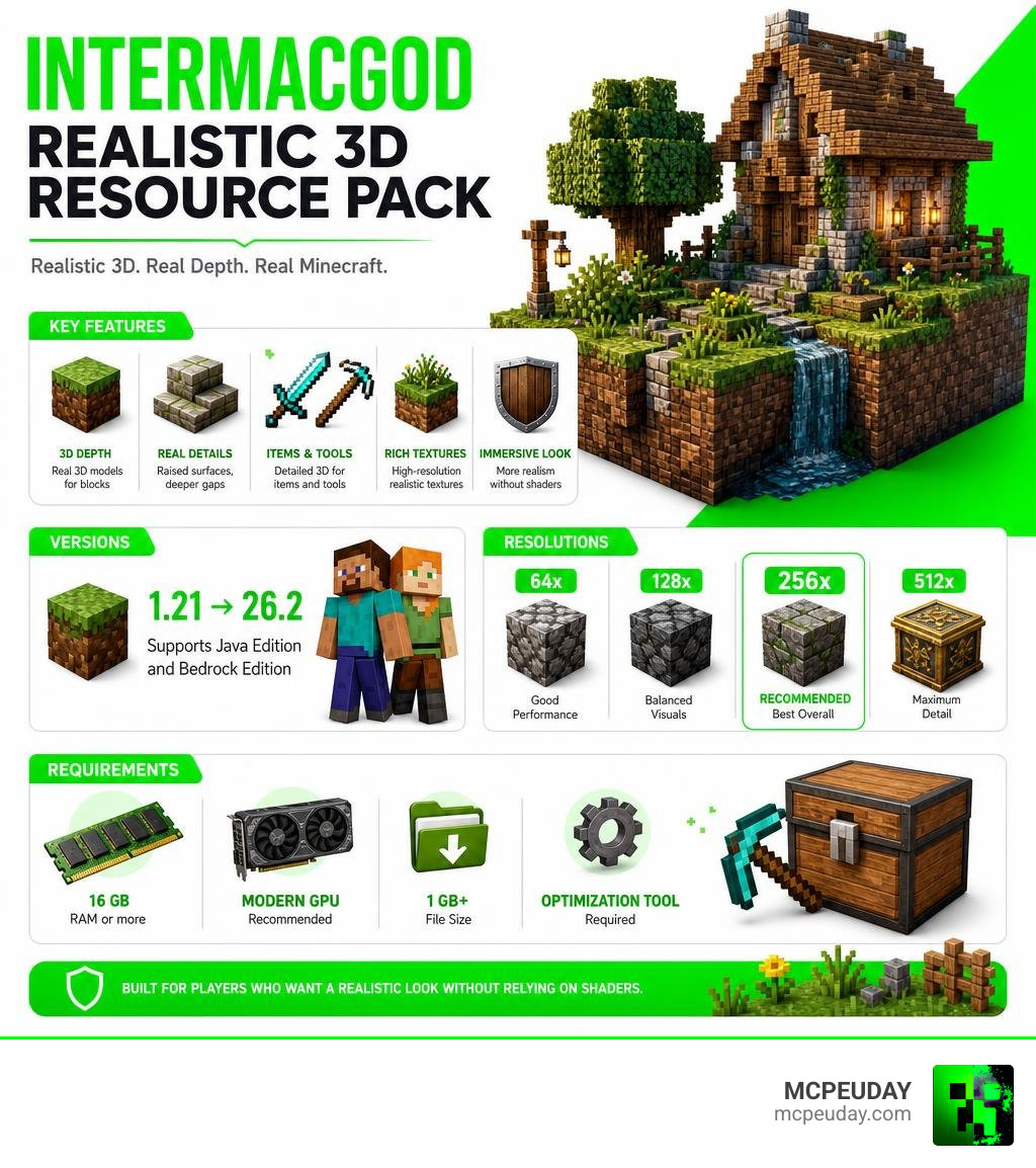 Intermacgod Realistic 3D Resource Pack key features, versions, resolutions, and requirements infographic infographic Intermacgod Realistic 3D Resource Pack key features, versions, resolutions, and requirements infographic infographic