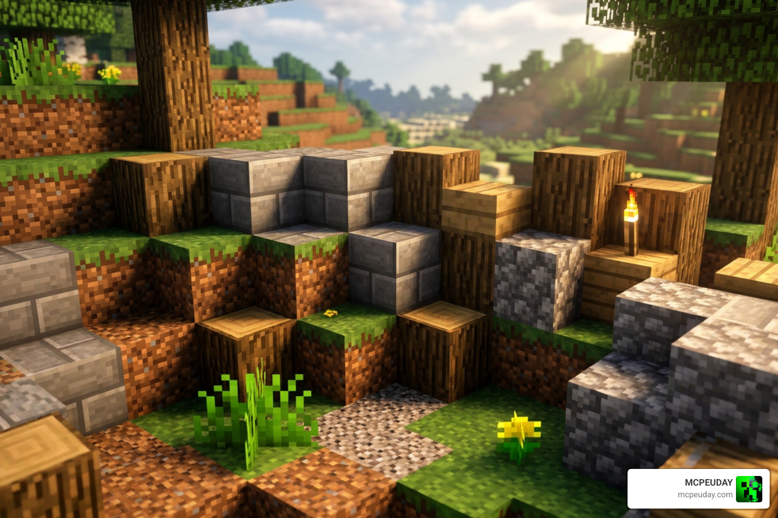 A close-up of 3D block depth showing normal maps and specular reflections under dynamic shader lighting