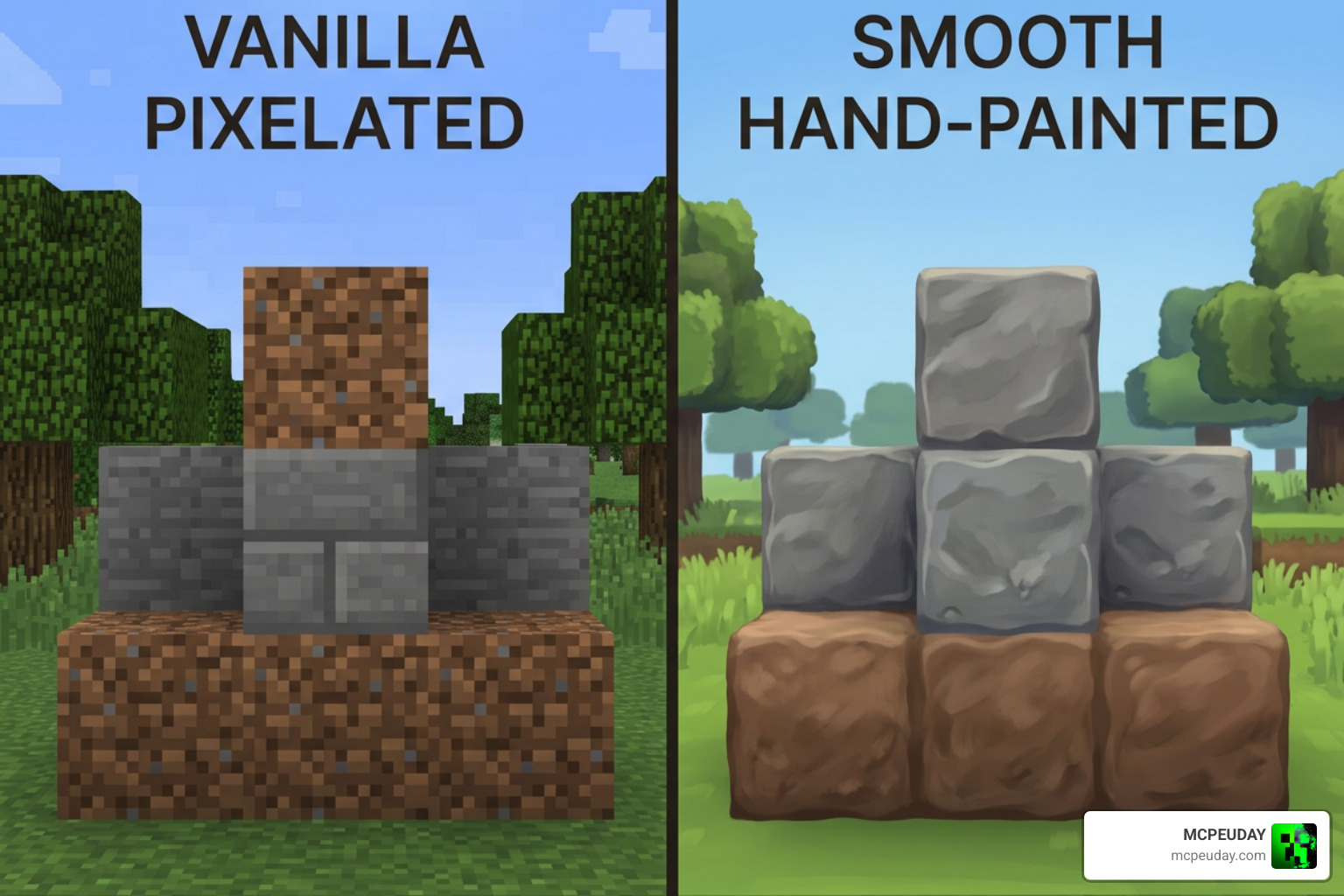 Comparison of vanilla block textures versus Roundista hand-painted rounded textures