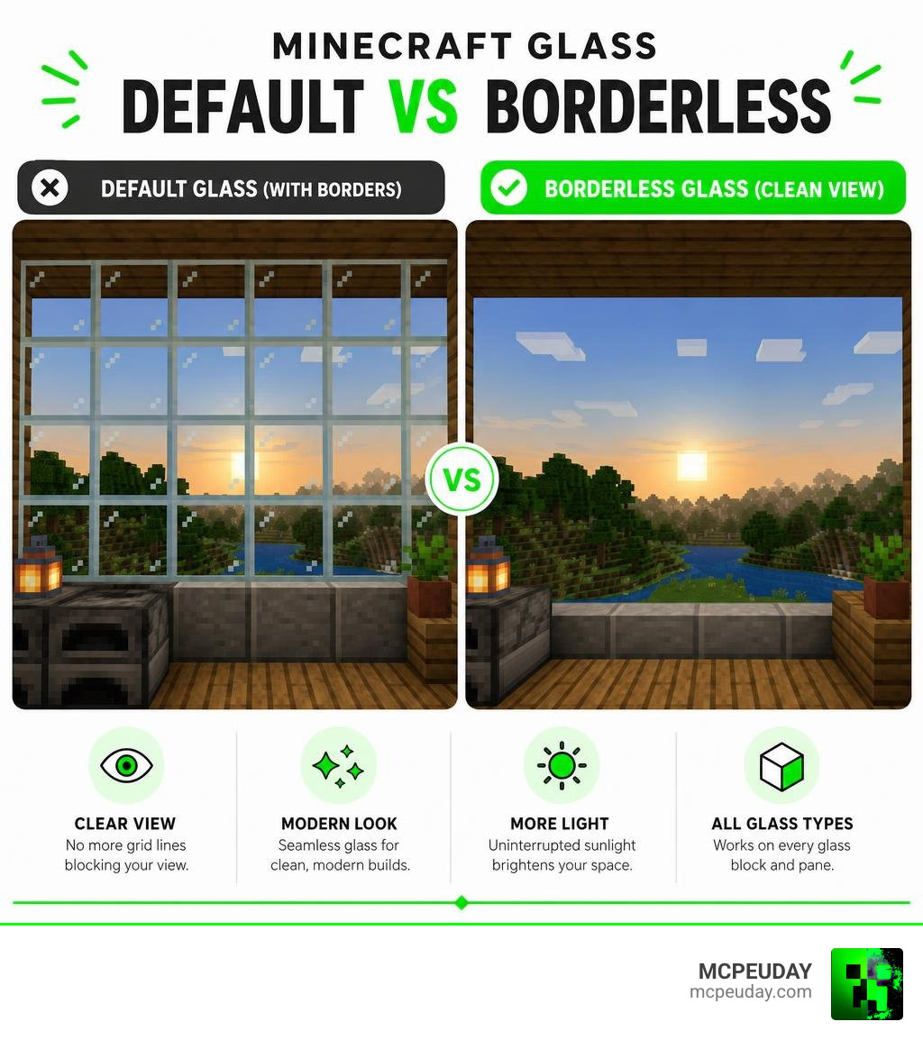 Comparison infographic: default Minecraft glass with borders vs borderless glass pack result infographic Comparison infographic: default Minecraft glass with borders vs borderless glass pack result infographic
