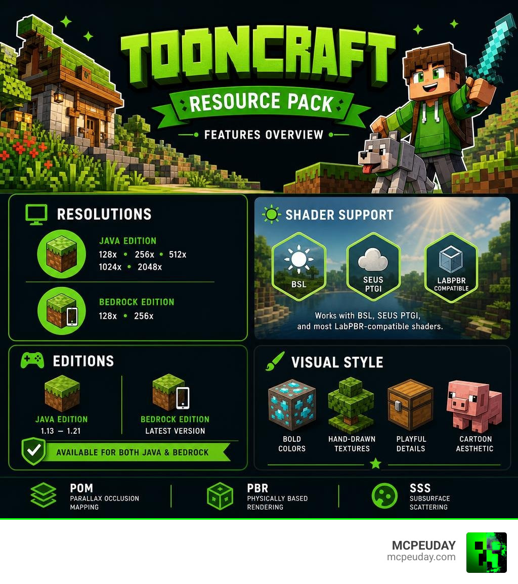 ToonCraft Resource Pack features overview: resolutions, shader support, editions, and visual style infographic ToonCraft Resource Pack features overview: resolutions, shader support, editions, and visual style infographic