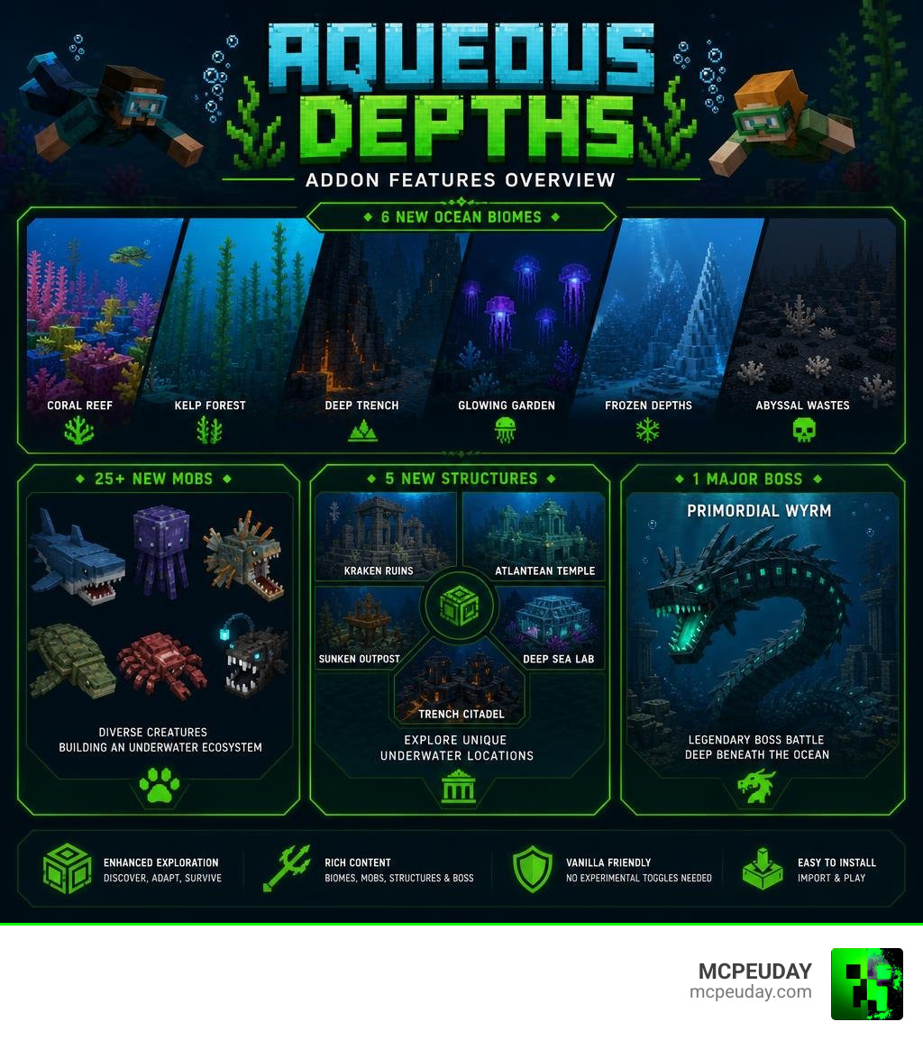 Aqueous Depths Addon features overview including biomes, mobs, structures, and boss infographic Aqueous Depths Addon features overview including biomes, mobs, structures, and boss infographic