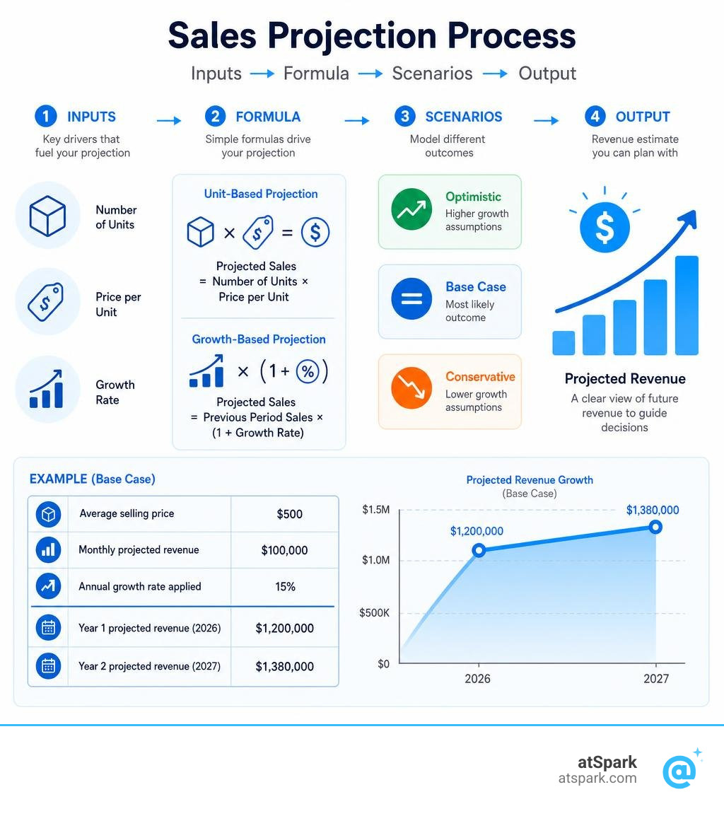 Sales projection process: inputs, formula, scenarios, and output revenue estimate infographic