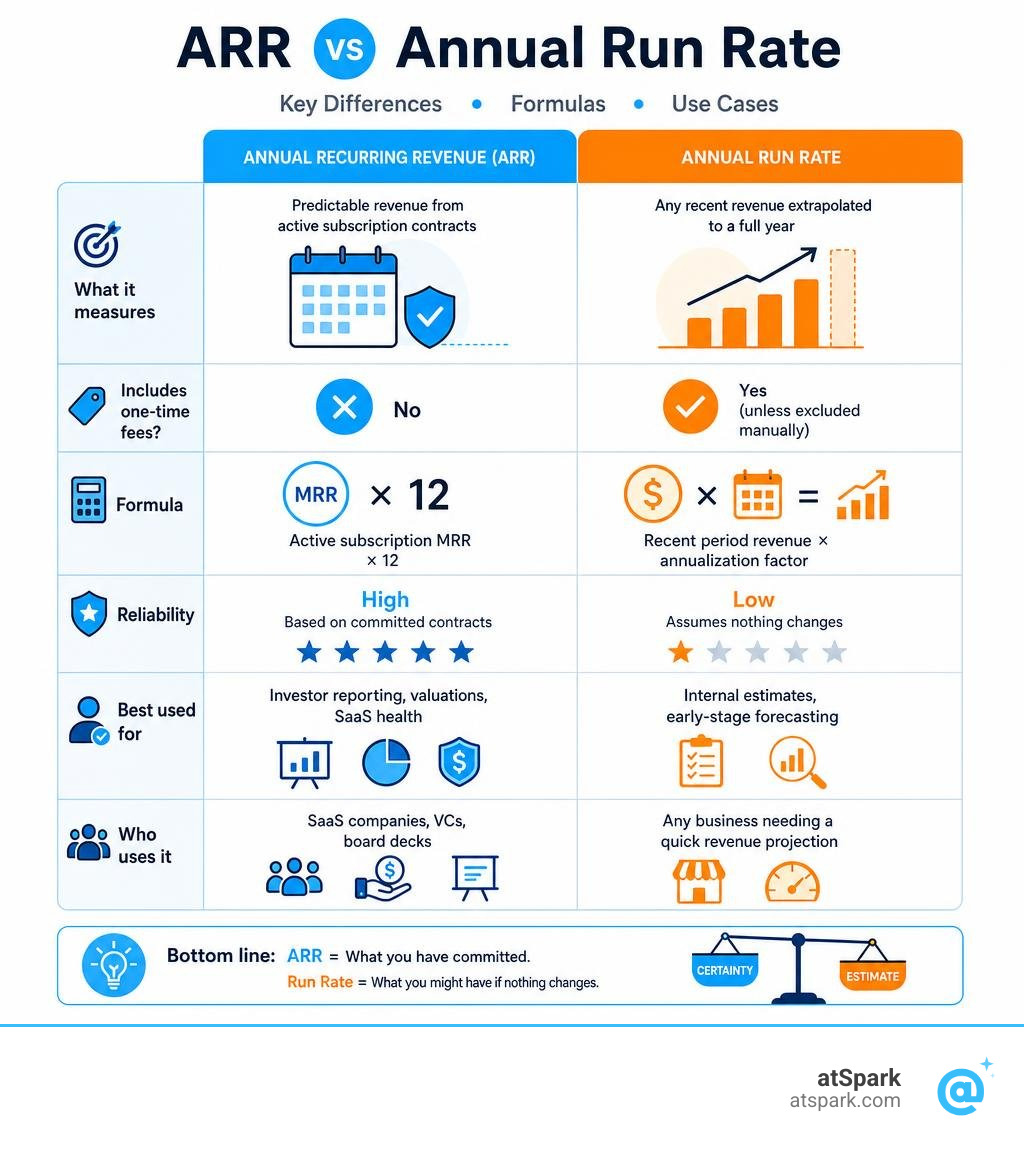 ARR vs Annual Run Rate key differences, formulas, and use cases comparison infographic infographic