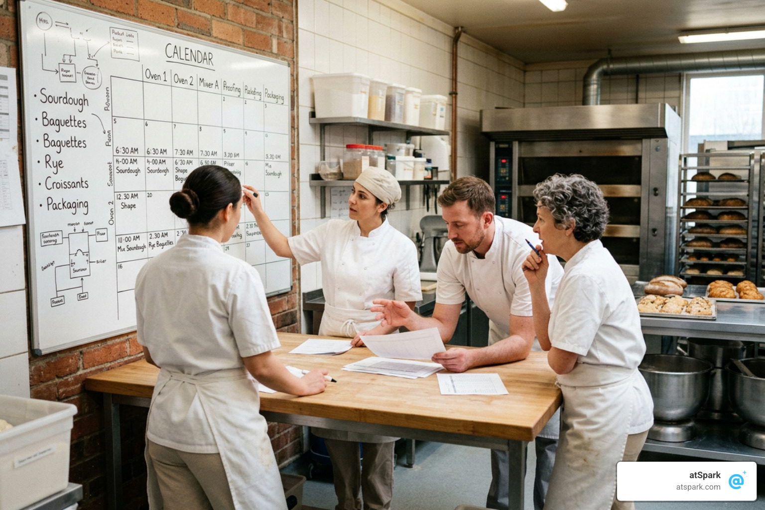 Bakery production planning meeting with bakers reviewing daily production schedules