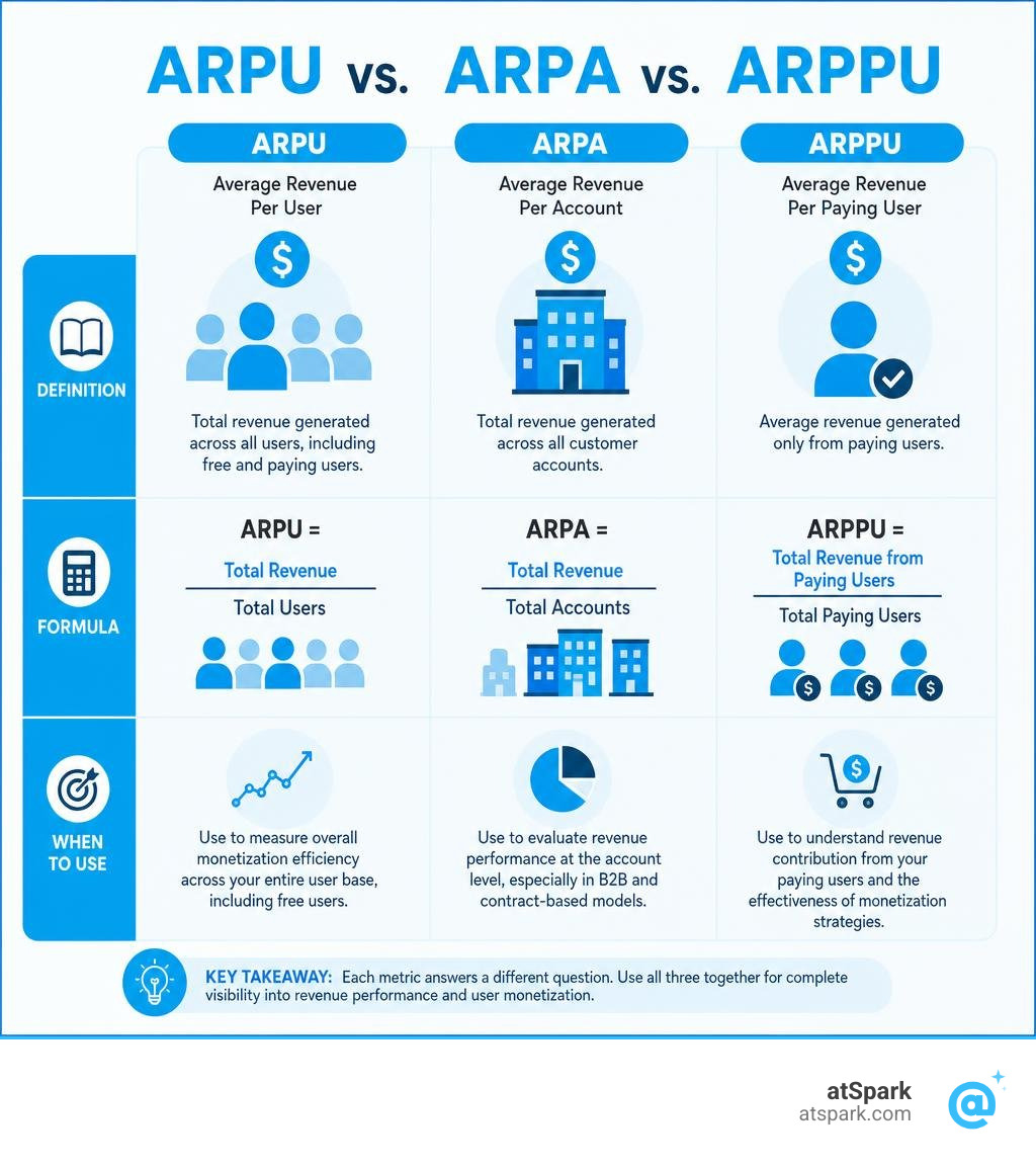ARPU vs ARPA vs ARPPU infographic comparing definitions, formulas, and when to use each infographic