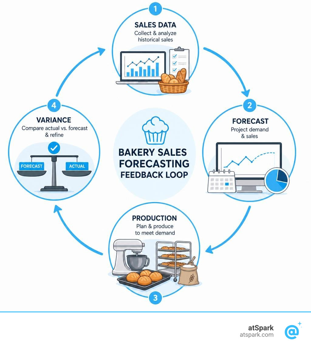 Bakery sales forecasting feedback loop: sales data to forecast to production to variance back to forecast infographic